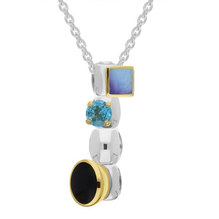 Sterling Silver Moonstone Blue Topaz Whitby Jet Stepping Stones Four Charm Necklace - Silver