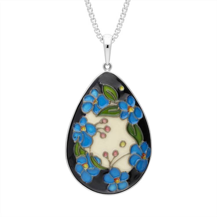 Sterling Silver Moorcroft Forget Me Nots Pear Shaped Pendant - Silver