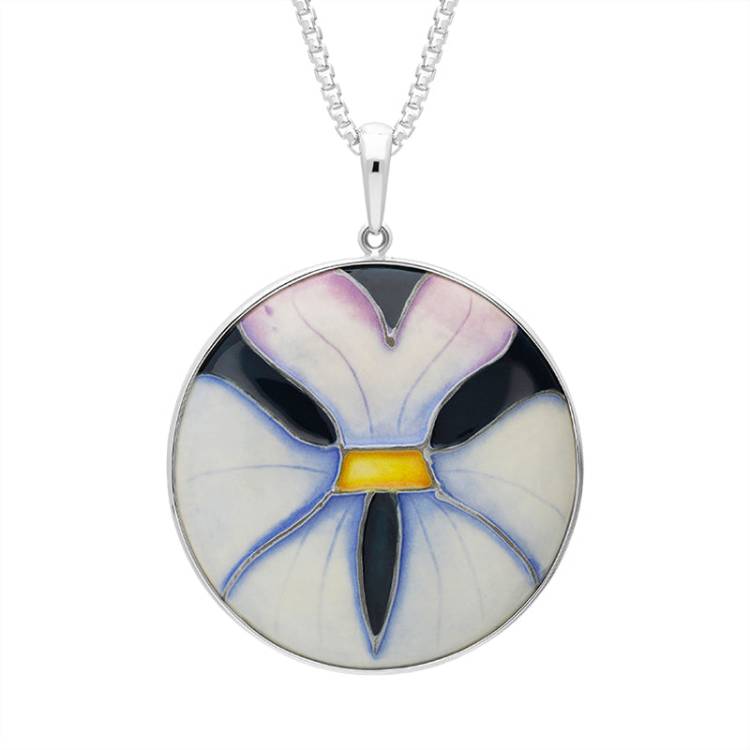 Sterling Silver Moorcroft Geranium Hearts Round Pendant - Silver