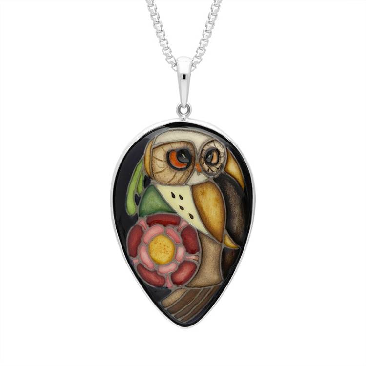 Sterling Silver Moorcroft Owl Inverted Pear Shaped Pendant - Silver