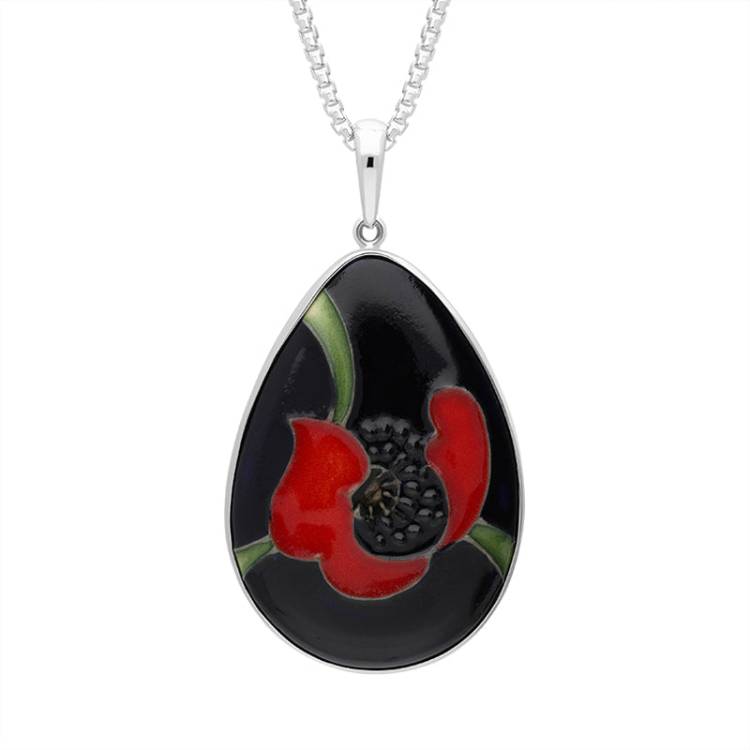 Sterling Silver Moorcroft Scarlet Poppy Pear Shaped Pendant - Silver