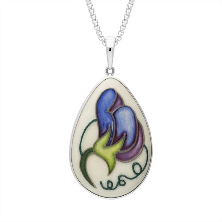 Sterling Silver Moorcroft Sweetness Blue Pear Shaped Pendant - Silver