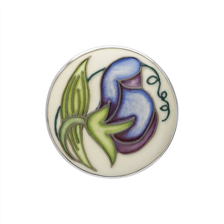 Sterling Silver Moorcroft Sweetness Blue Round Brooch - Silver