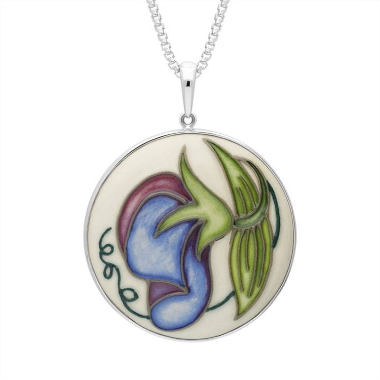 Sterling Silver Moorcroft Sweetness Blue Round Pendant - Silver