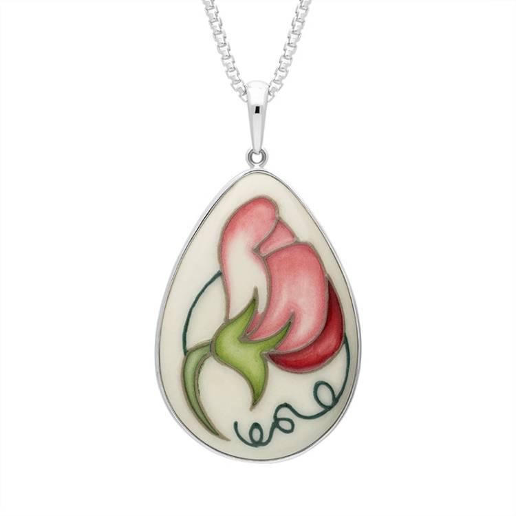 Sterling Silver Moorcroft Sweetness Pink Pear Shaped Pendant - Silver