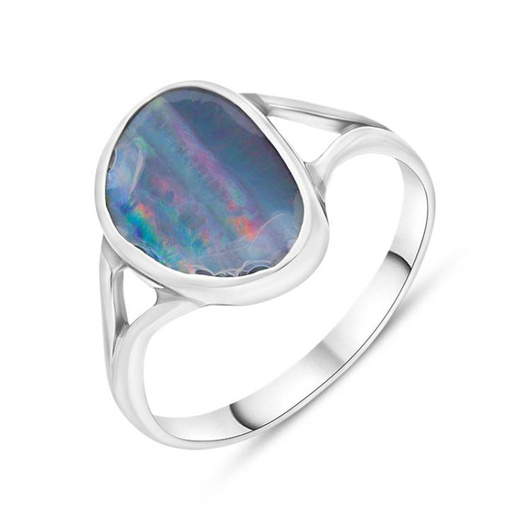 Sterling Silver Opal Doublet Abstract Split Shank Ring D - O