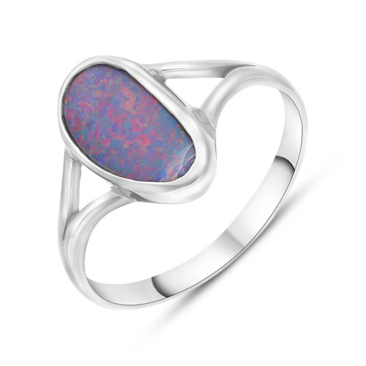 Sterling Silver Opal Doublet Abstract Split Shank Ring D - Q