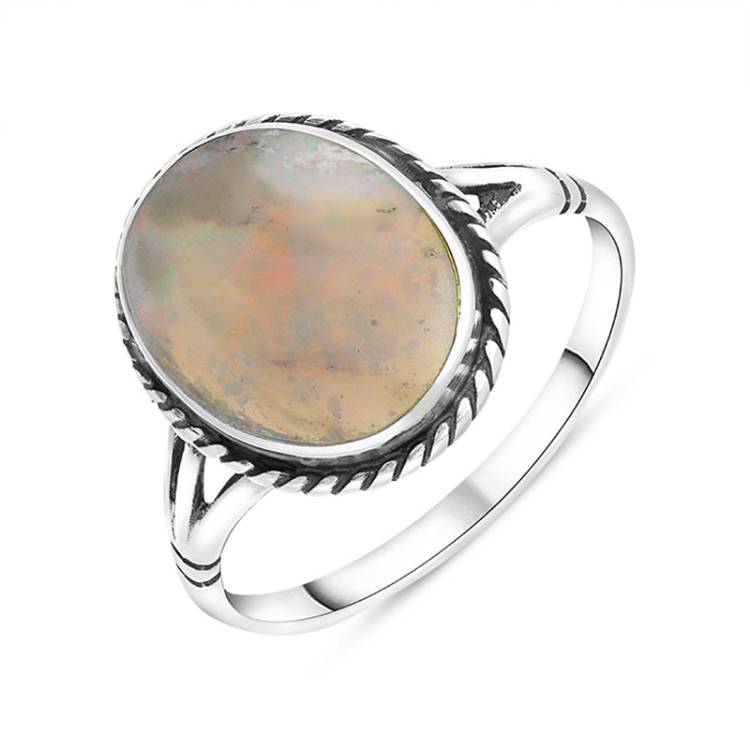 Sterling Silver Opal Rope Edge Ring - Silver