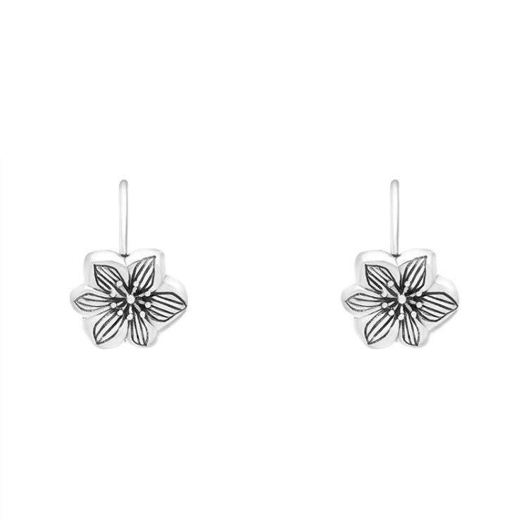 Sterling Silver Oxidised Flower Drop Earrings D - Silver