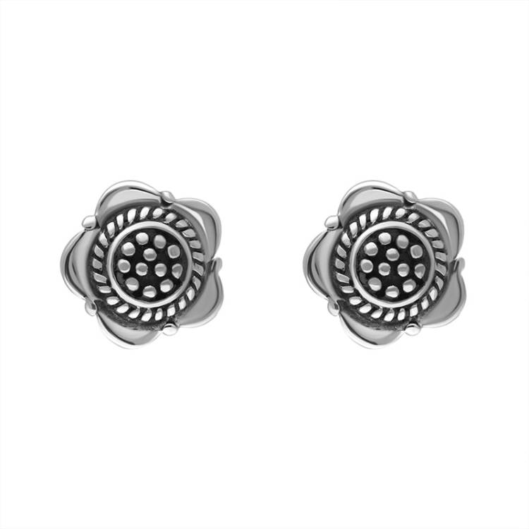 Sterling Silver Oxidised Flower Stud Earrings - Silver