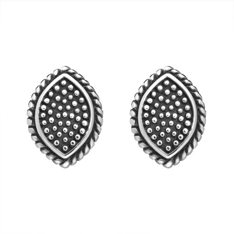 Sterling Silver Oxidised Marquise Stud Earrings - Silver