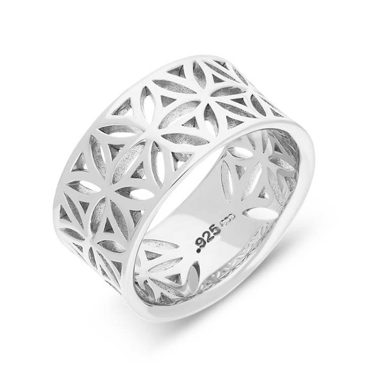 Sterling Silver Pierced Floral Wide Ring D - Silver