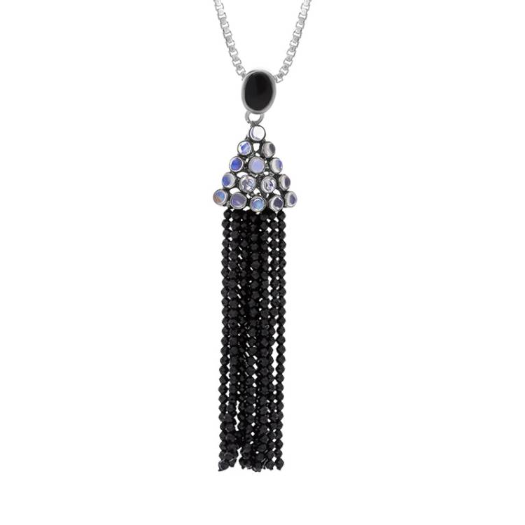 Sterling Silver Rhodium Onyx Moonstone Cascade Large Tassel Necklace D - Option1 Value