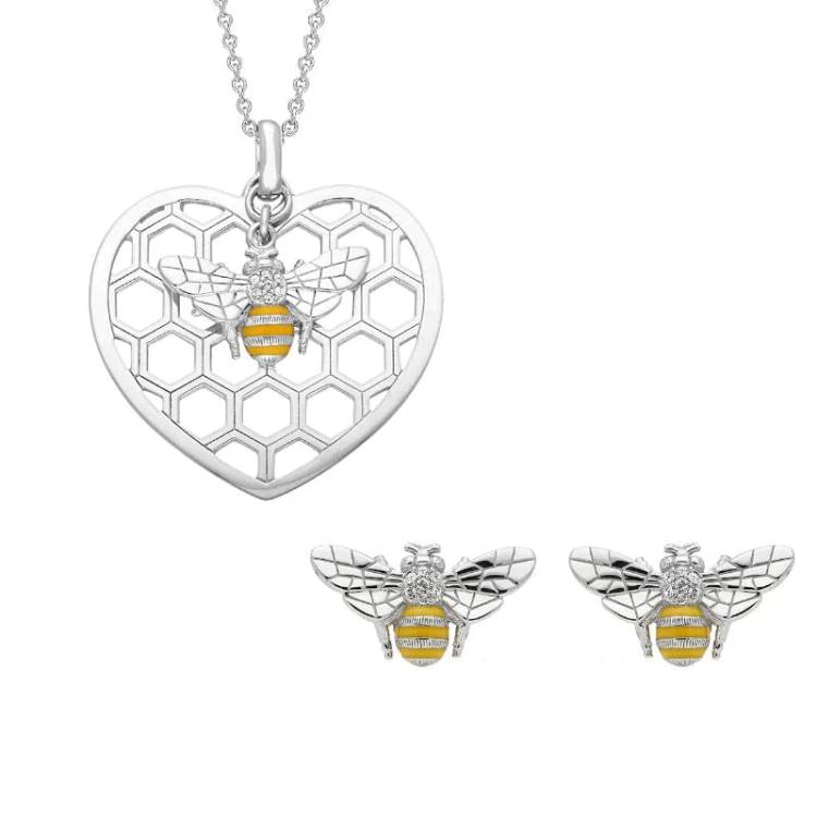 Sterling Silver Swarovski Crystal Enamel Bee In Beehive Two Piece Set
