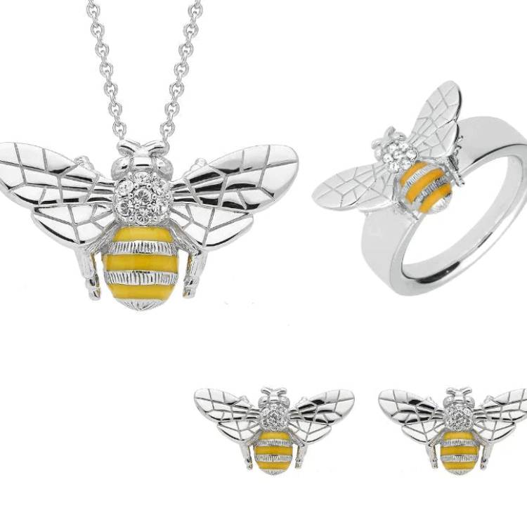 Sterling Silver Swarovski Crystal Enamel Bee Three Piece Set