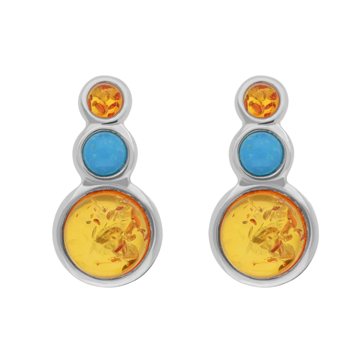 Sterling Silver Three Stone Round Graduated Amber Turquoise Stud Earrings - Silver