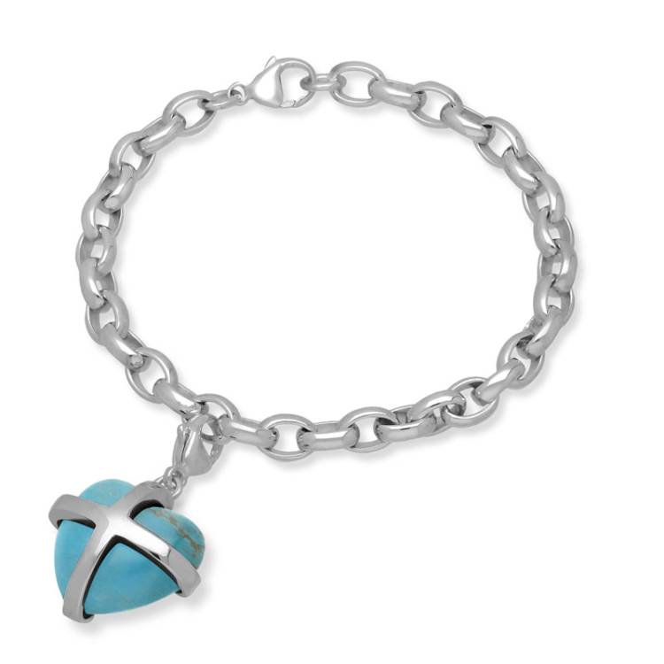Sterling Silver Turquoise Large Cross Heart Charm Bracelet - Option1 Value Silver