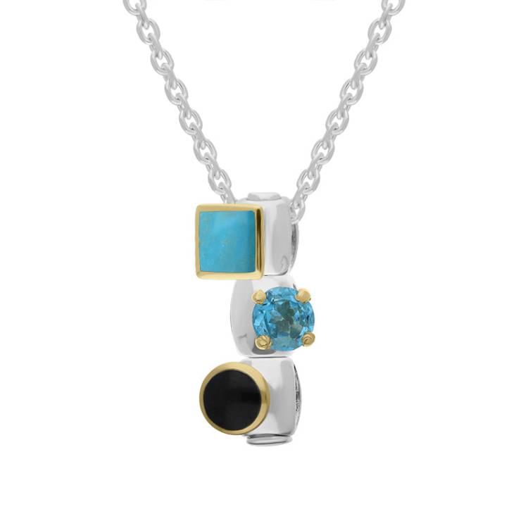 Sterling Silver Turquoise Blue Topaz Whitby Jet Stepping Stones Three Charm Necklace - Silver