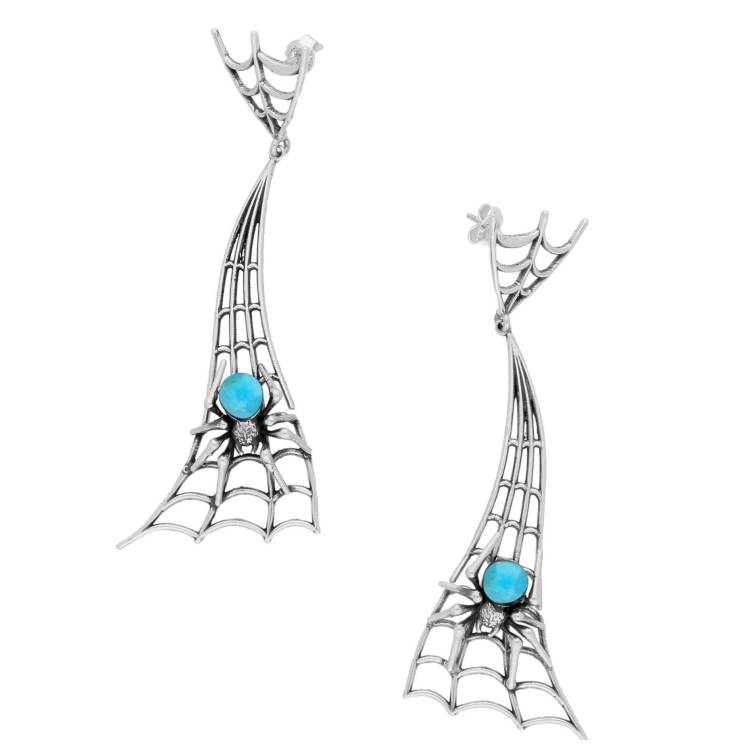 Sterling Silver Turquoise Gothic Articulated Spider Web Drop Earrings