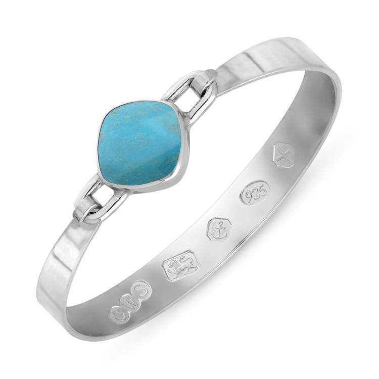 Sterling Silver Turquoise Hallmark Wide Cushion Bangle - Silver