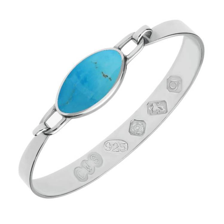 Sterling Silver Turquoise Hallmark Wide Oval Bangle - Silver