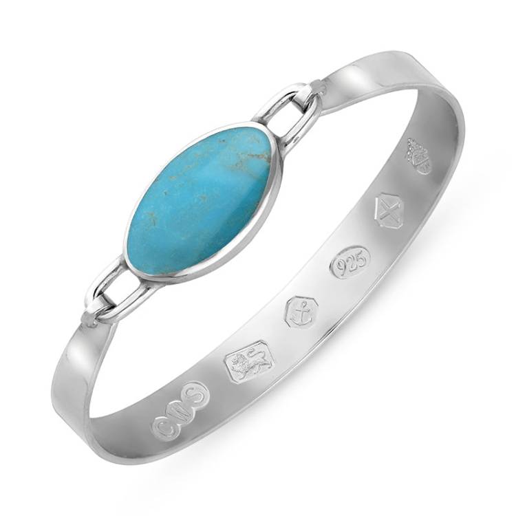 Sterling Silver Turquoise Queen's Jubilee Hallmark Wide Oval Bangle D - Silver