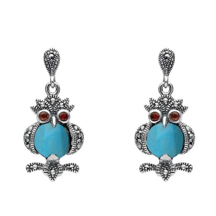 Sterling Silver Turquoise Marcasite and Garnet Owl Drop Earrings - Silver