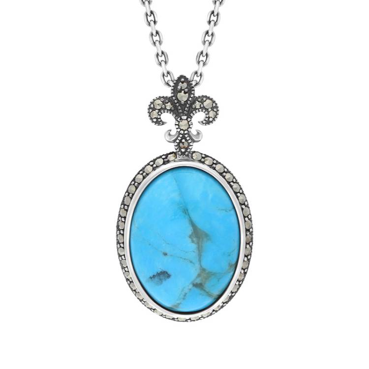 Sterling Silver Turquoise Marcasite Fleur De Lis Topped Oval Necklace