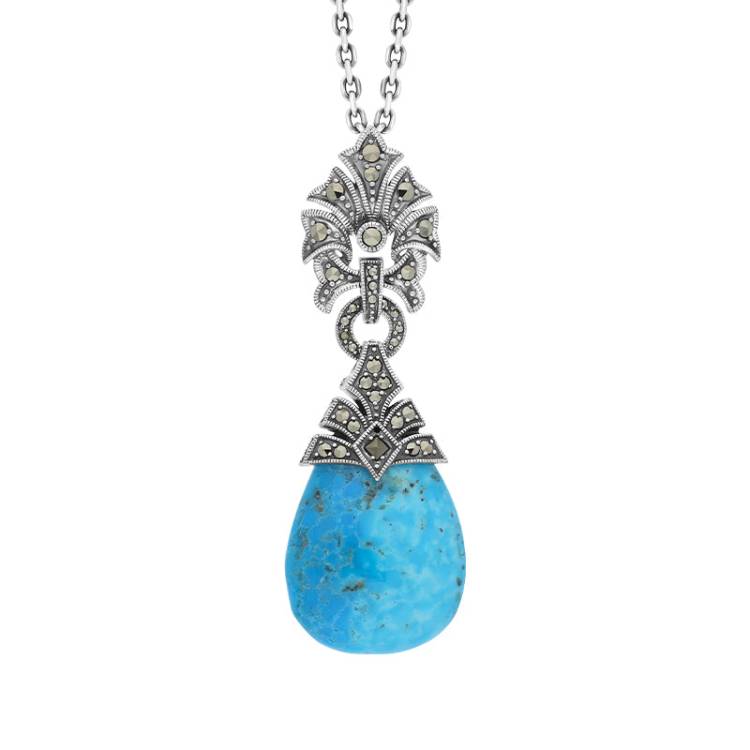 Sterling Silver Turquoise Marcasite Ornate Bail Pendant Necklace - Silver