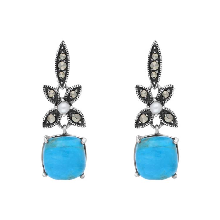 Sterling Silver Turquoise Marcasite Pearl Flower Top Drop Earrings
