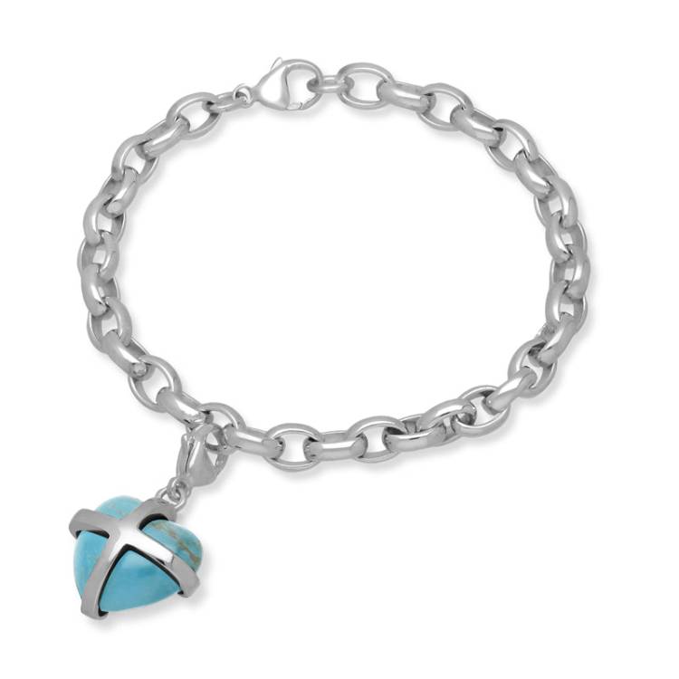 Sterling Silver Turquoise Medium Cross Heart Charm Bracelet - Option1 Value Silver