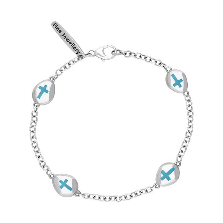 Sterling Silver Turquoise Oval Cross Detail Four Stone Bracelet - Silver