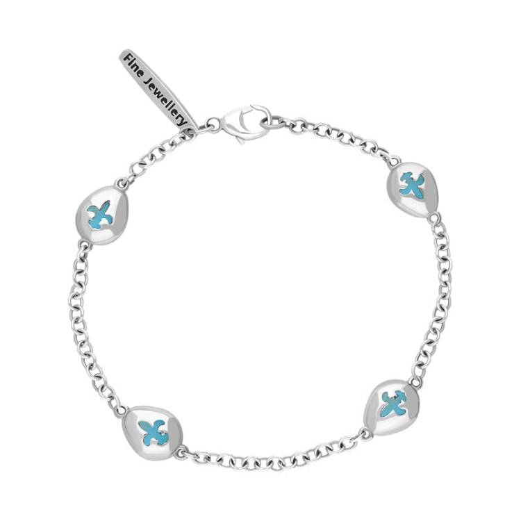 Sterling Silver Turquoise Oval Fleur De Lis Detail Four Stone Bracelet - Silver