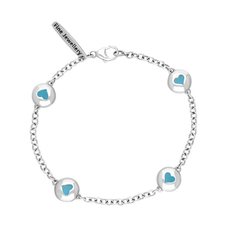 Sterling Silver Turquoise Oval Heart Detail Four Stone Bracelet - Silver