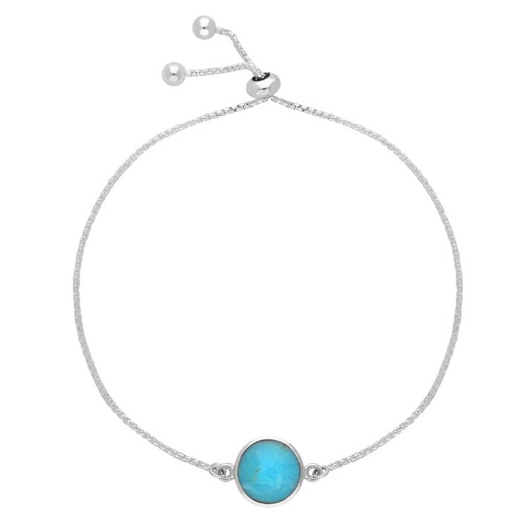 Sterling Silver Turquoise Round Stone Adjustable Chain Bracelet