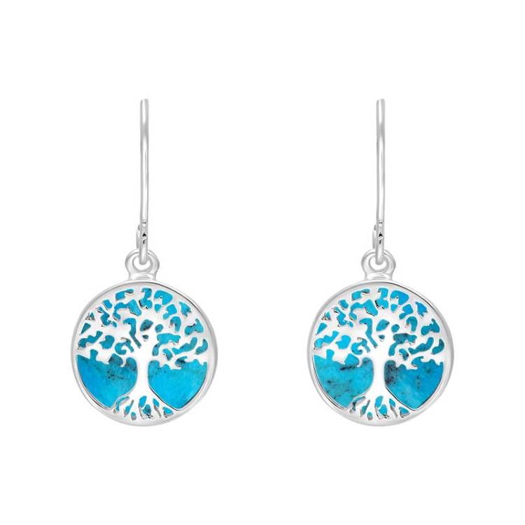 Sterling Silver Turquoise Round Tree of Life Drop Earrings