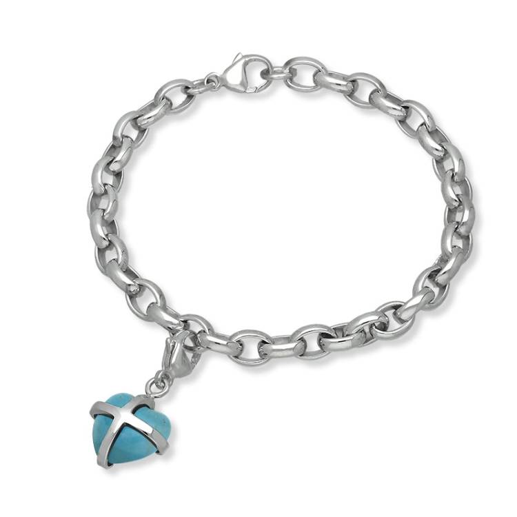 Sterling Silver Turquoise Small Cross Heart Charm Bracelet - Option1 Value Silver