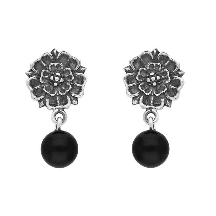 Sterling Silver Whitby Jet 6mm Bead Rose Top Drop Earrings - Silver