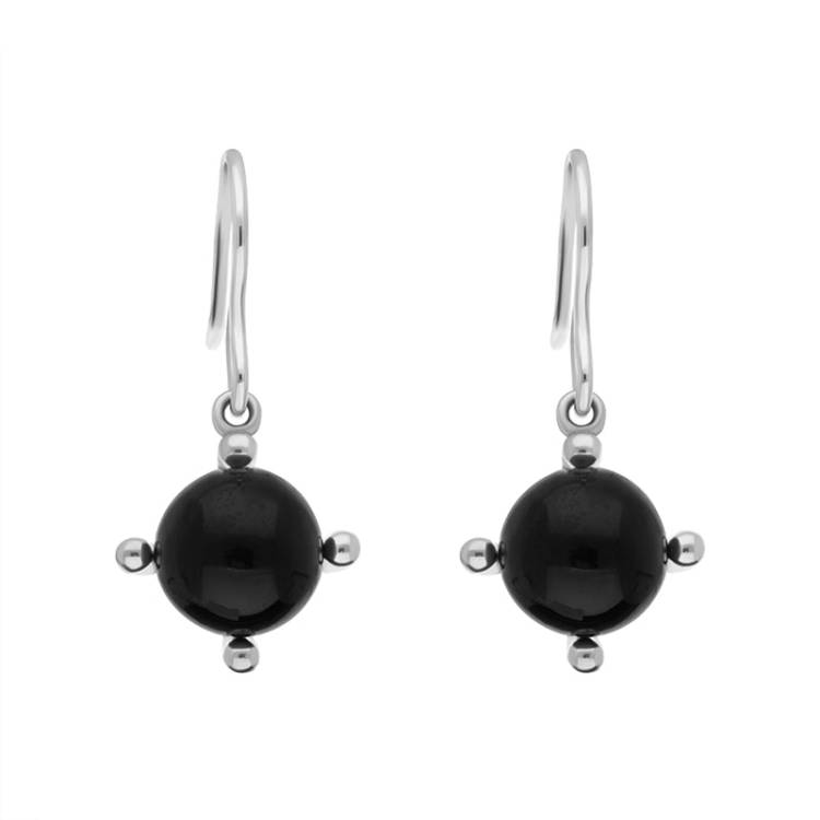 Sterling Silver Whitby Jet 8mm Bead Four Claw Drop Earrings - Silver