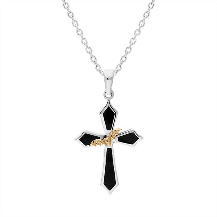 Sterling Silver Whitby Jet 9ct Yellow Gold Bat Cross Necklace - Silver