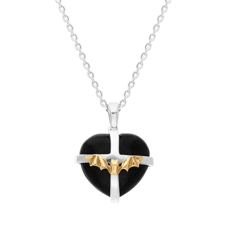 Sterling Silver Whitby Jet 9ct Yellow Gold Bat Medium Cross Heart Necklace - Silver
