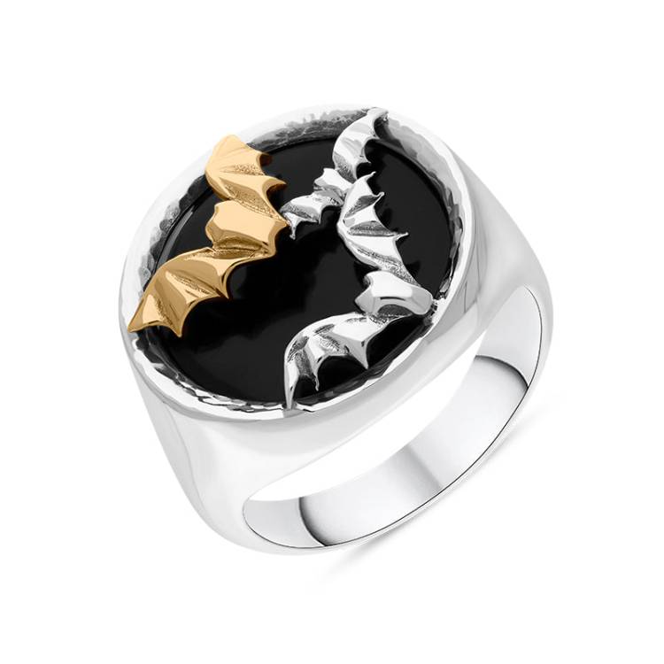 Sterling Silver Whitby Jet 9ct Yellow Gold Bat Round Ring - Silver