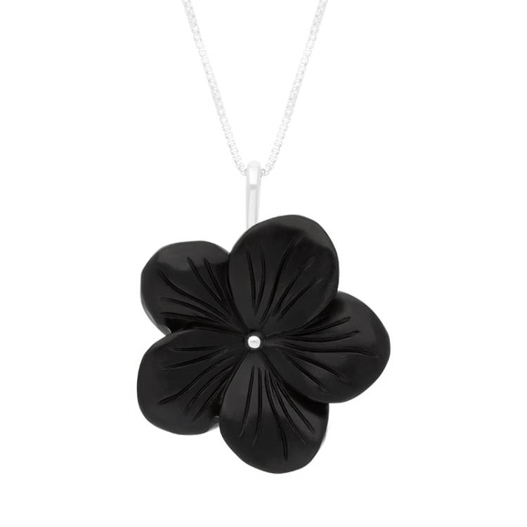Sterling Silver Whitby Jet Flower Necklace D - Silver