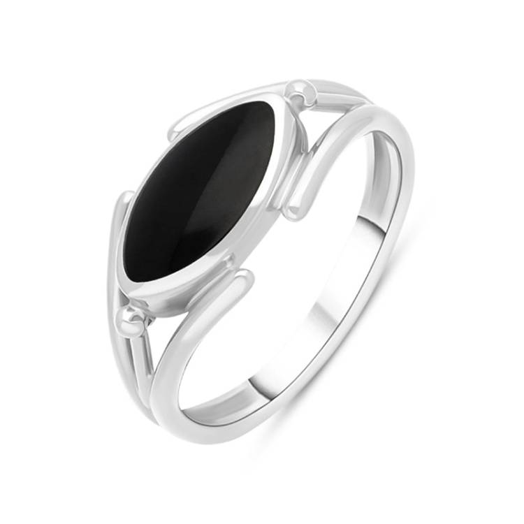 Sterling Silver Whitby Jet Marquise Open Shank Ring - Silver