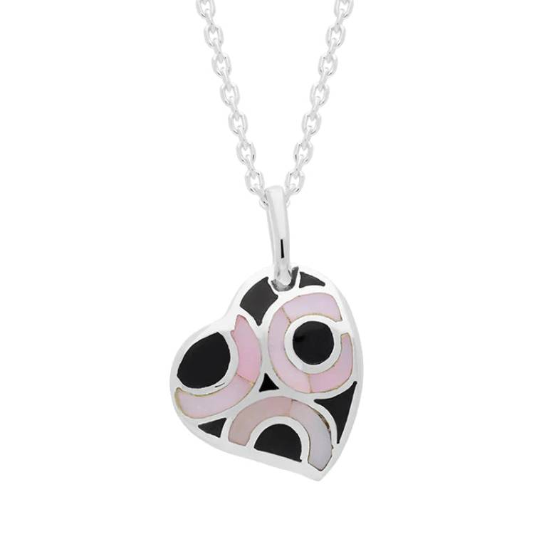 Sterling Silver Whitby Jet Pink Mother of Pearl Heart Necklace D - Silver