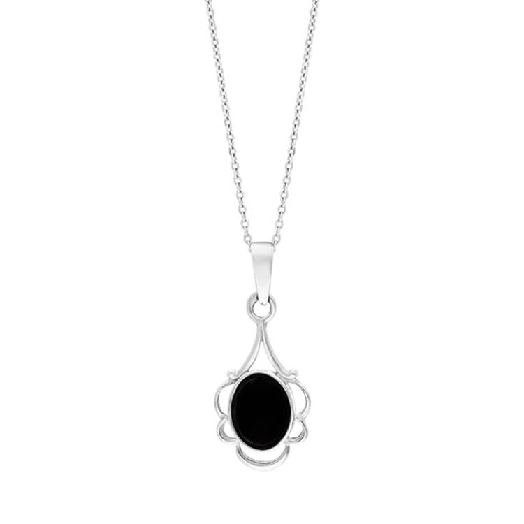 Sterling Silver Whitby Jet Oval Frill Edge Necklace D - Silver