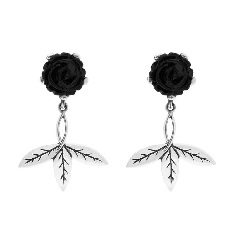 Sterling Silver Whitby Jet Tuberorse Triple Leaf Drop Earrings