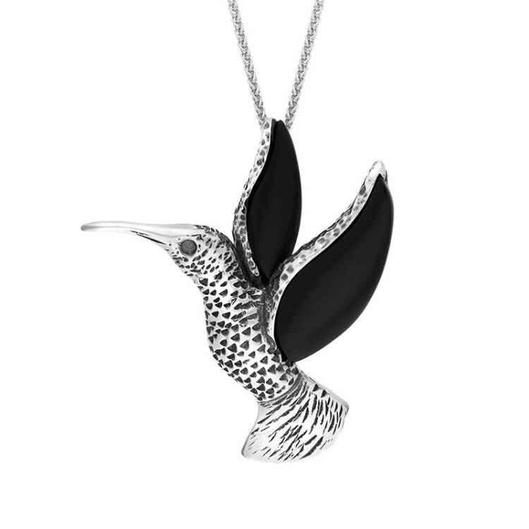 Sterling Silver Whitby Jet Small Hummingbird Pendant Necklace - Silver