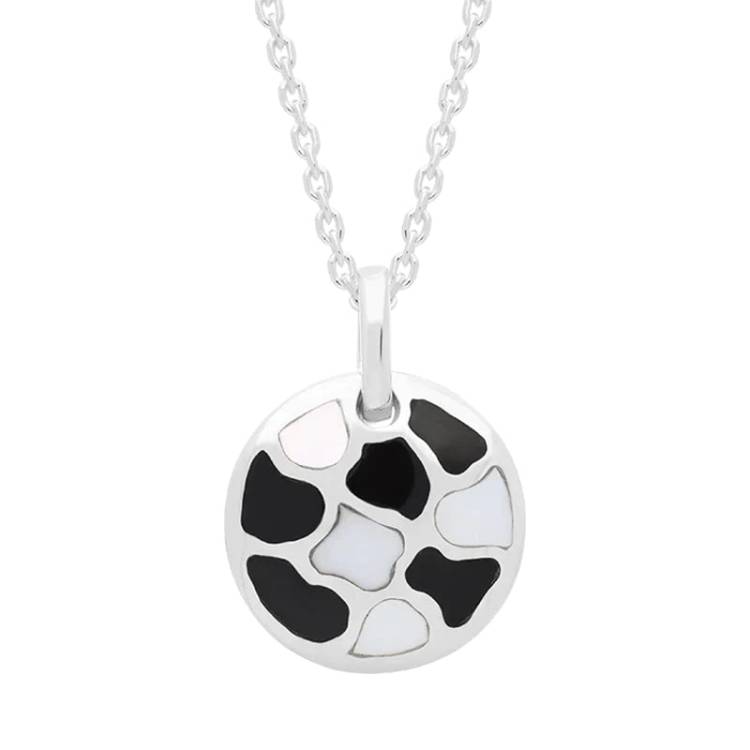Sterling Silver Whitby Jet Mother of Pearl Small Round Pendant Necklace D - Silver