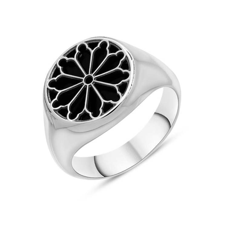 Sterling Silver Whitby Jet Whitby Abbey Window Large Round Ring - Silver